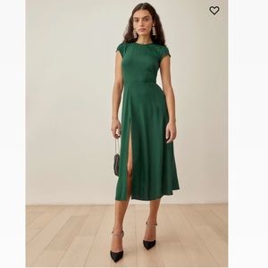Reformation Green Gavin Dress Thigh Slit Midi Length Back Cutout Wedding Size 0